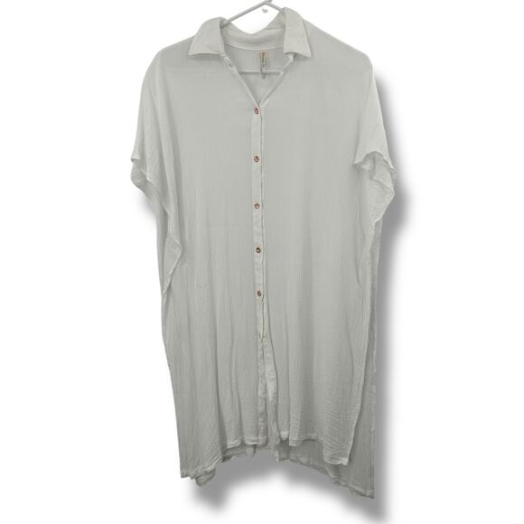 Raisins Swim Coverup Dress Size Medium White Sheer Gauze Crinkle Collared Beach - Picture 4 of 10